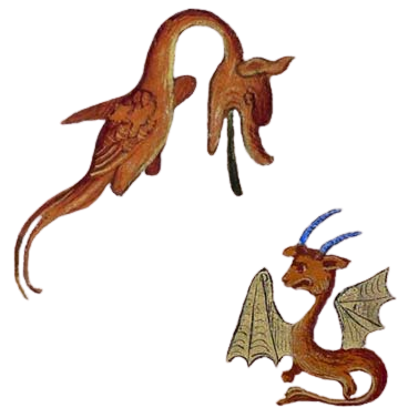 Two red dragons in the style of medieval illustrations. One is flying and sticking a long black tongue at the other which has blue horns.