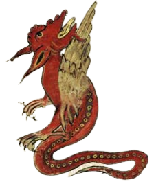 A red dragon with two clawed legs and a long tail with a circular pattern in the style of medieval illustrations.