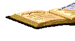 An animated pixel graphic of a book with yellowed pages and a floating quill scribbling across the page.