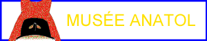 A banner promoting my project 'Musée Anatol' with a blue border and a white background. To the left is a cartoon penguin with a red horned hat. To the right reads the title in all capitals and yellow Arial font.