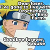 Naruto looking at a paper captioned 'Dear loser, I've gone to live with Orochimaru on Emo farm. Goodbye forever, Sasuke.'