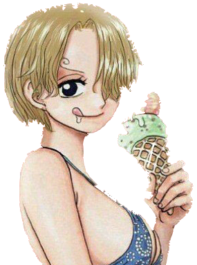 Bust of Sanji eating ice cream in a blue bikini in One Piece's female character manga style
