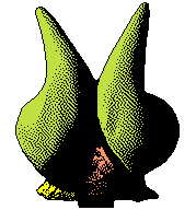 The head of the character 'Dedusmuln' from the video game 'Hylics 2.' His head is a clay figure that consists of two green tentacle-like appendages.
