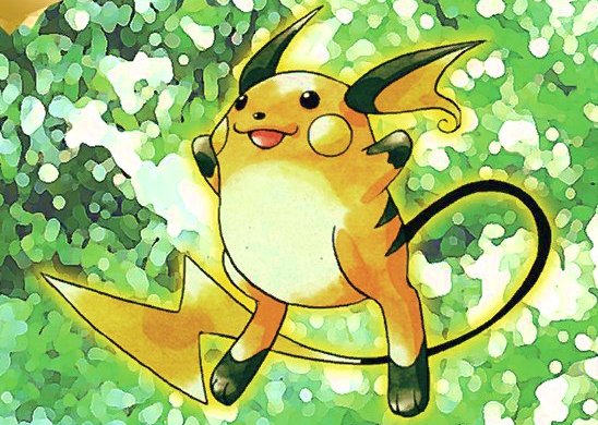 Raichu drawn by Ken Sugimori with a green glitter background.